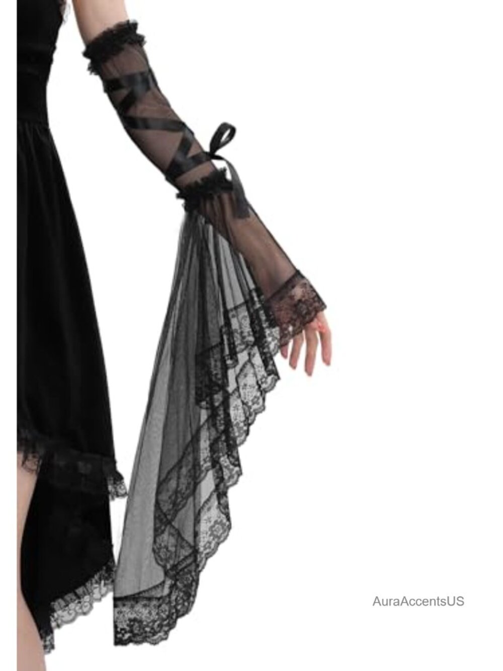Gothic Detachable Tulle Sleeves Long Black Lace Glove